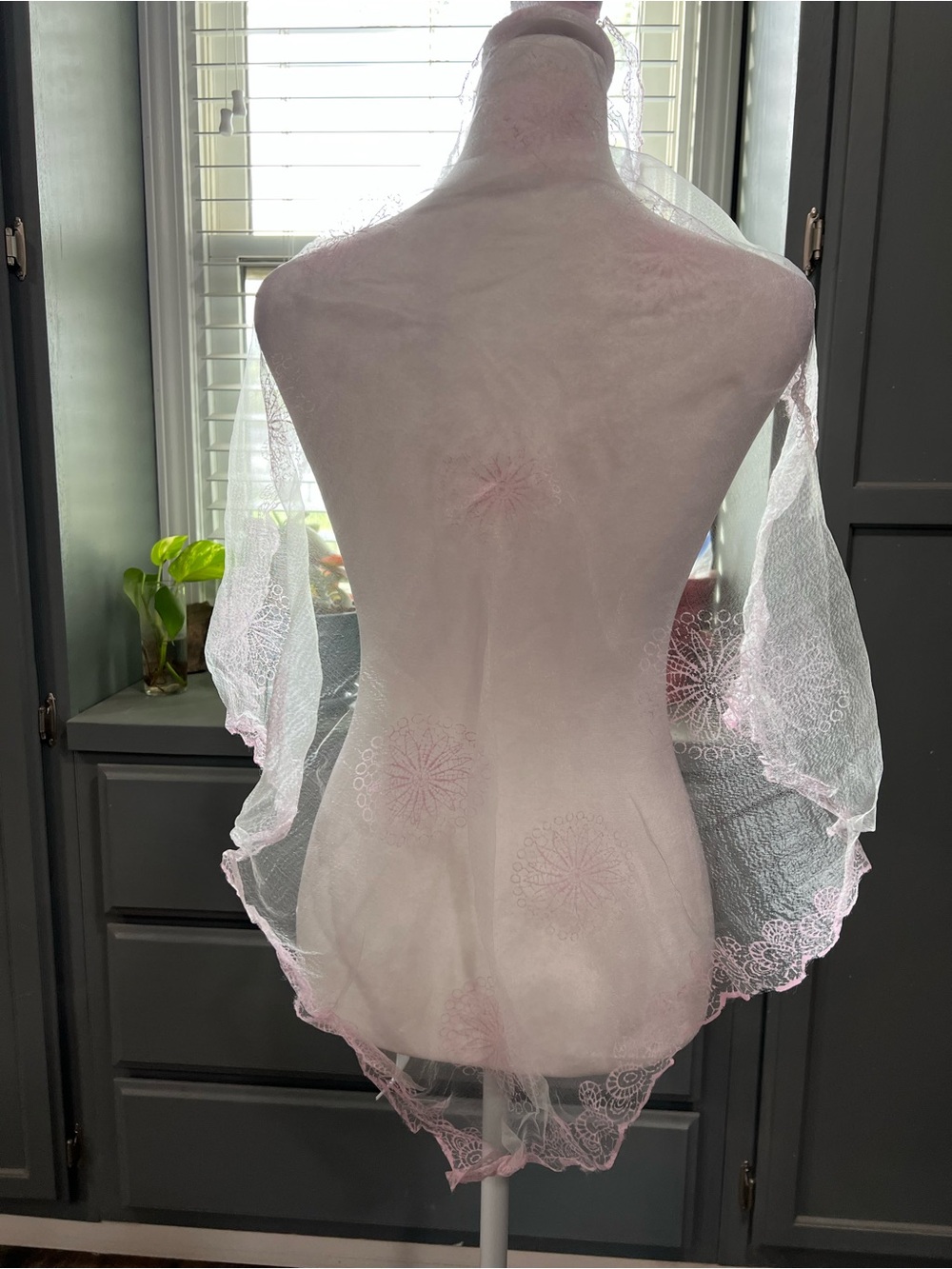Vintage Sheer Pink Scarf Scalloped Edges